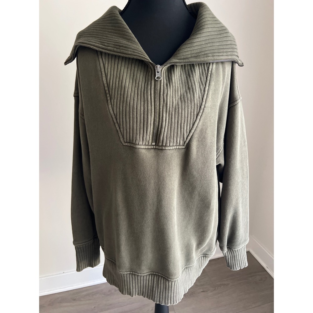Aerie Women Olive Green Ribbed Quarter Zip Oversized Sweatshirt Small S Pullover